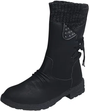 AMDBEL Boots for Women Fashion Dressy, Snow Boots for Women Fur Lined Round Toe Boots Square Heel Outdoor Mid Calf Boots