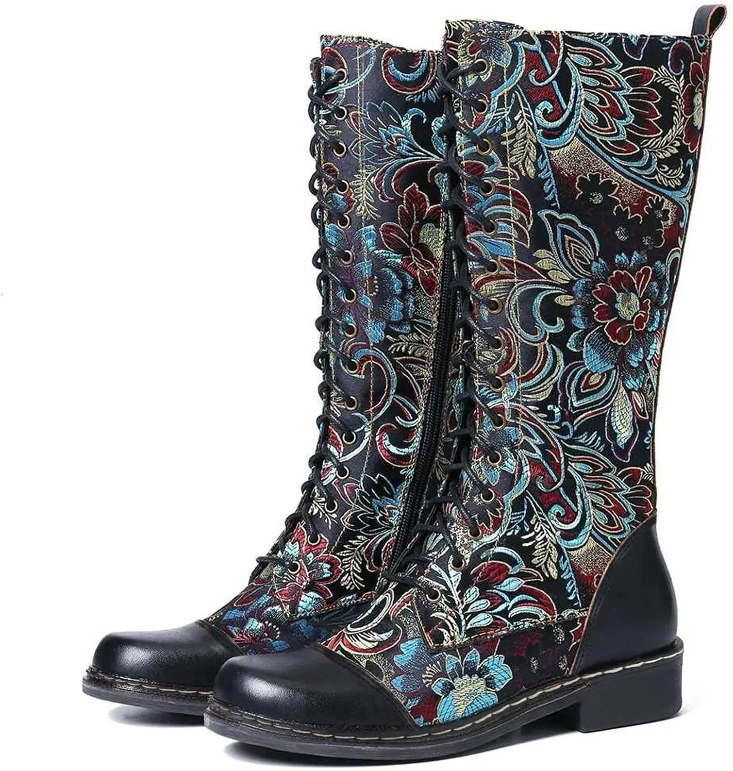 Ankle Boots For Women Floral Lace-Up Thigh High Boots Cowboy Western Knee High Boots Mid Calf Hiking Bootie