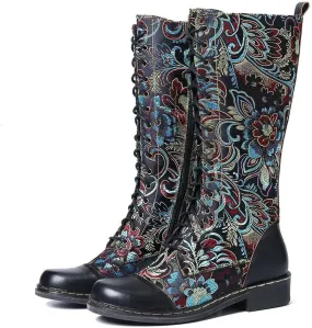 Ankle Boots For Women Floral Lace-Up Thigh High Boots Cowboy Western Knee High Boots Mid Calf Hiking Bootie