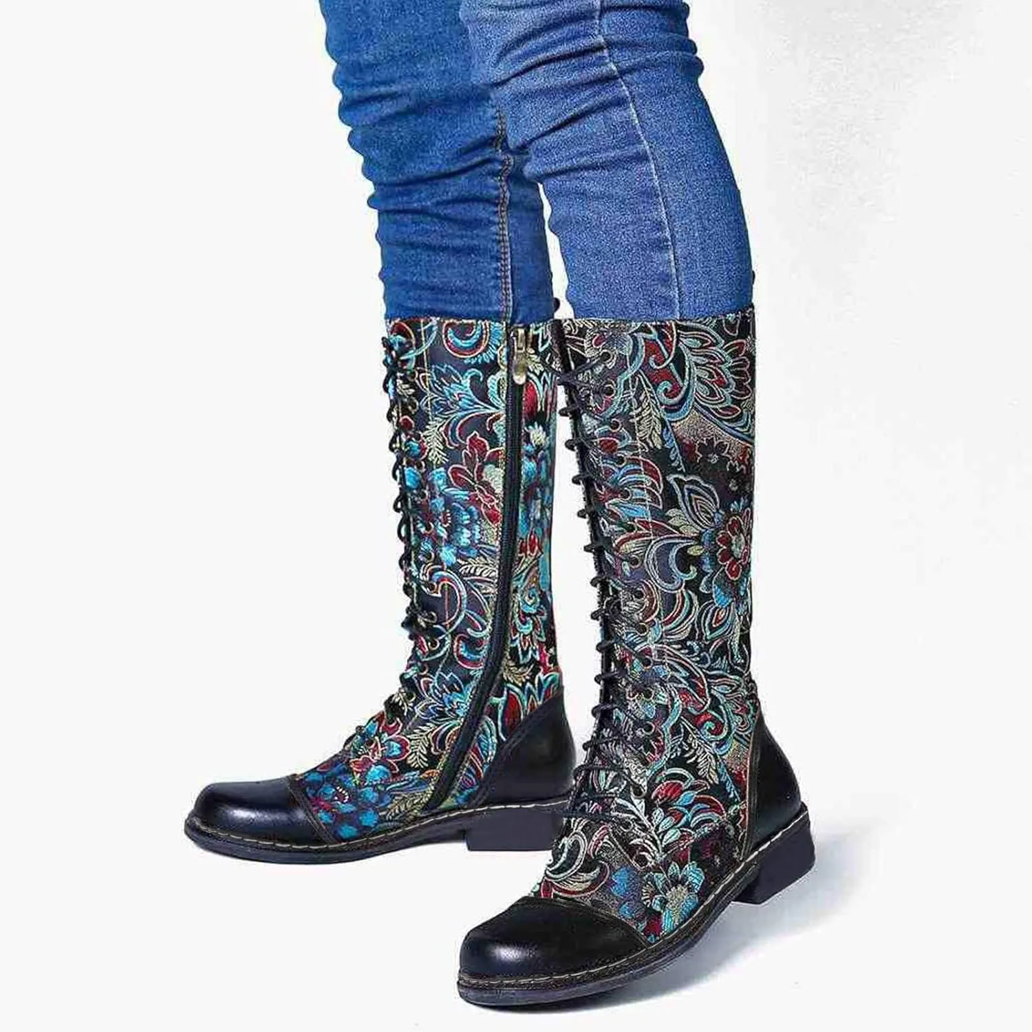 Ankle Boots For Women Floral Lace-Up Thigh High Boots Cowboy Western Knee High Boots Mid Calf Hiking Bootie