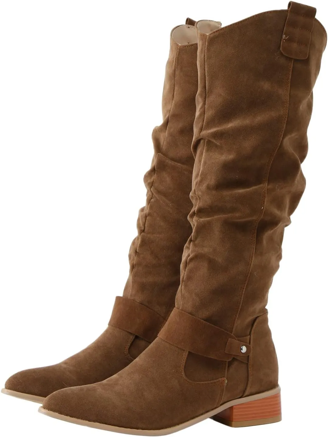 Ankle Boots For Women Retro Solid Color Thigh High Boots Pleated Suede Chunky Heeled Knee High Cowgirl Boots
