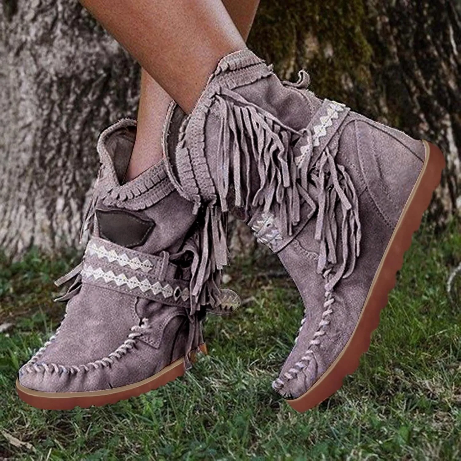 Ankle Boots For Women Tassel Flat Cowboy Boots Suede Buckle Wedge Cowgirl Western Ankle Booties Ankle Bootie