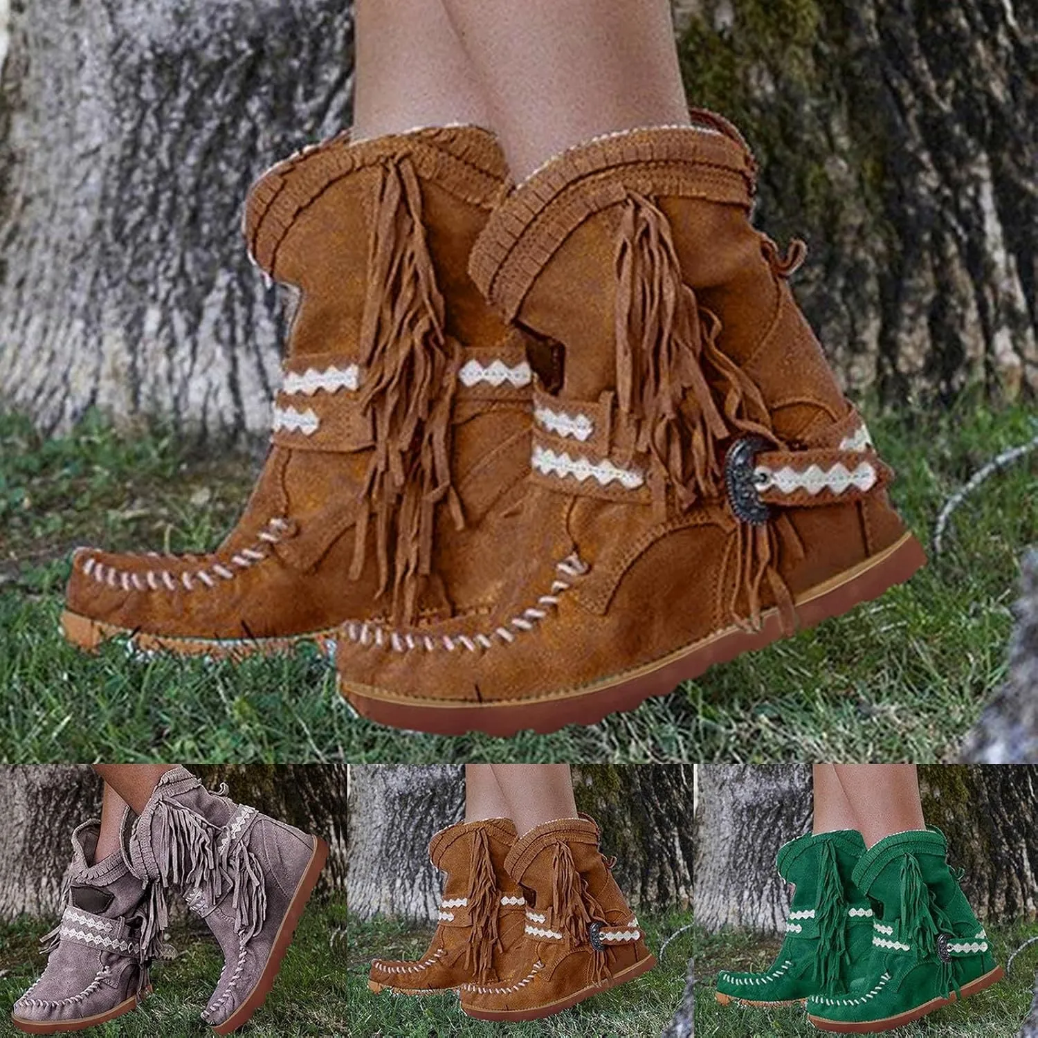 Ankle Boots For Women Tassel Flat Cowboy Boots Suede Buckle Wedge Cowgirl Western Ankle Booties Ankle Bootie