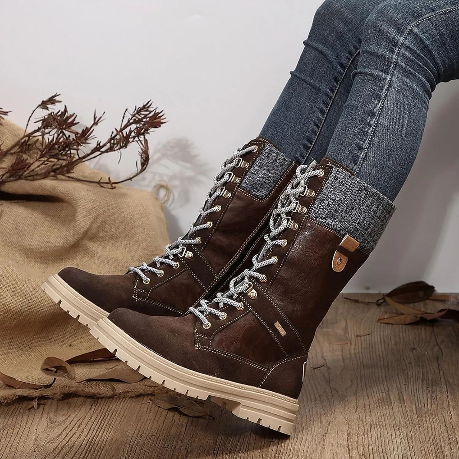 Autumn and Winter New Boots Fashion Style Lace Up Middle Sleeve Wool Mouth Thick Heel Women's Boots Boot Spats Men