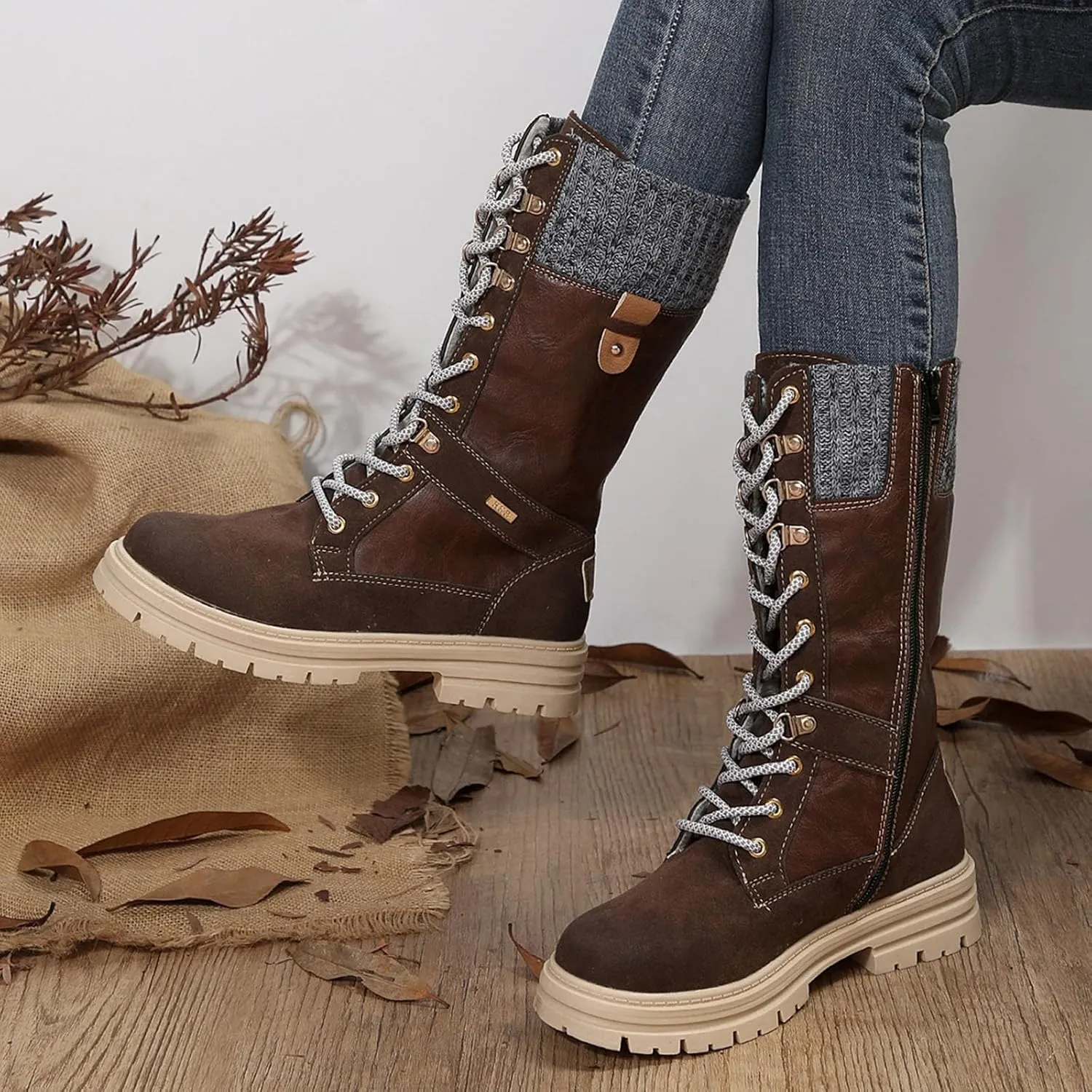 Autumn and Winter New Boots Fashion Style Lace Up Middle Sleeve Wool Mouth Thick Heel Women's Boots Boot Spats Men