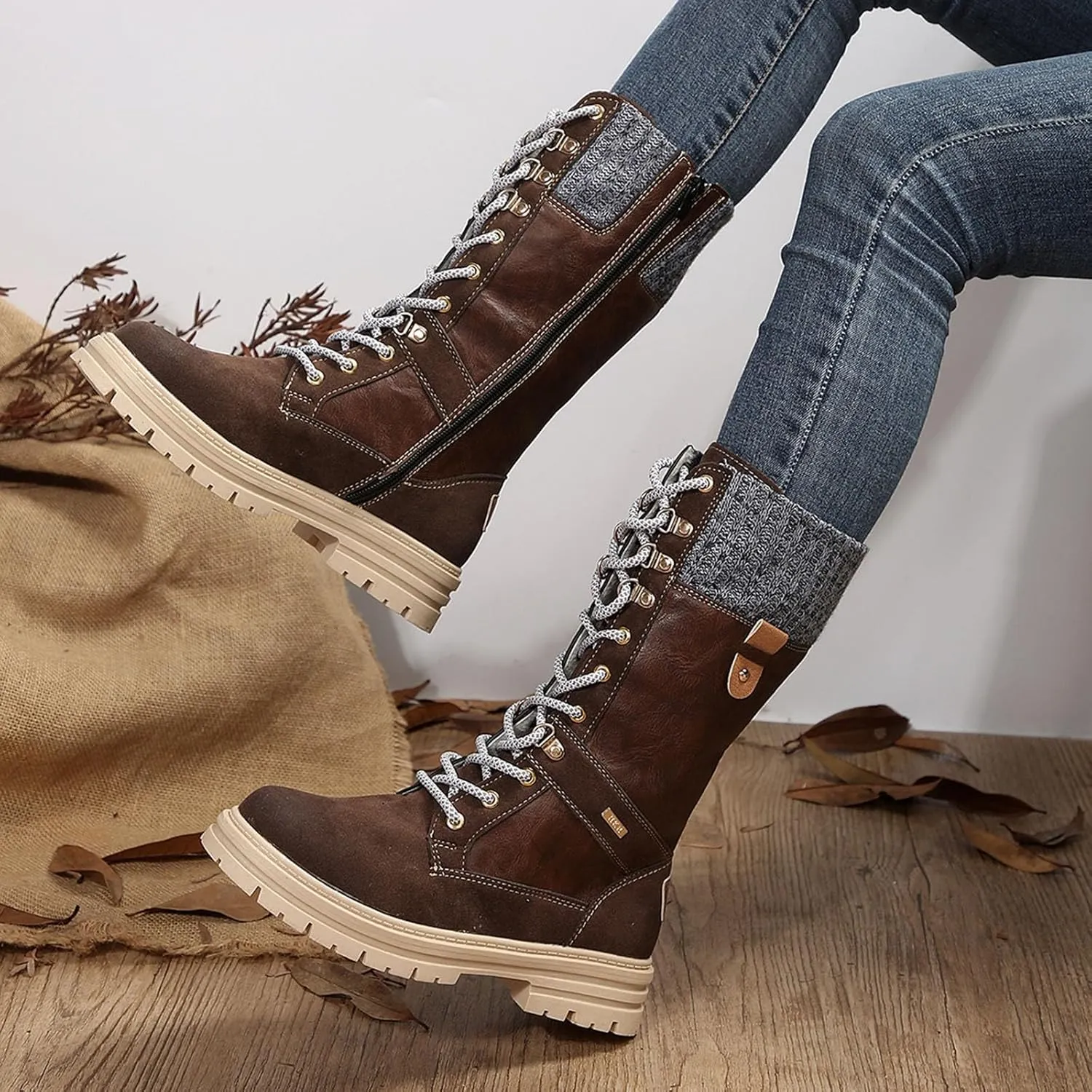 Autumn and Winter New Boots Fashion Style Lace Up Middle Sleeve Wool Mouth Thick Heel Women's Boots Boot Spats Men