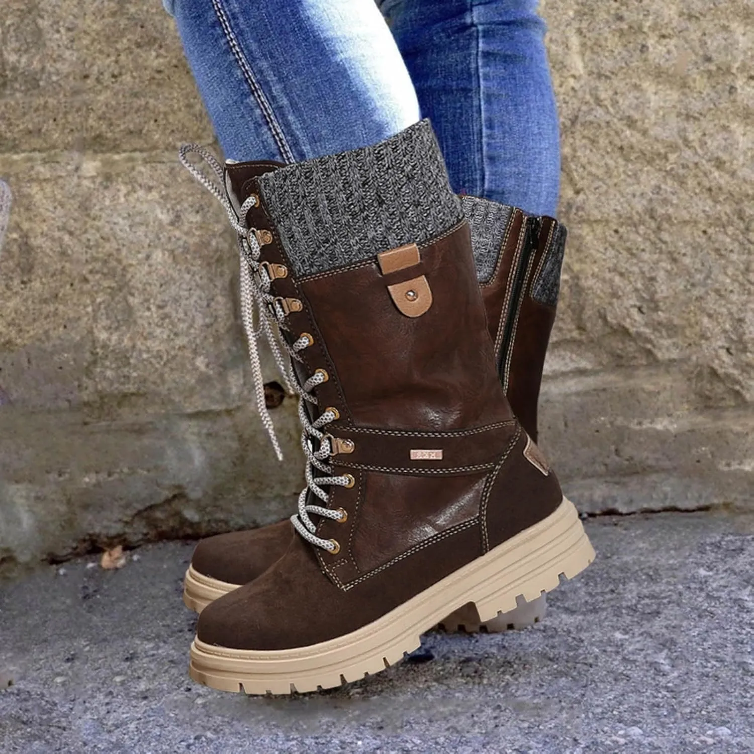 Autumn and Winter New Boots Fashion Style Lace Up Middle Sleeve Wool Mouth Thick Heel Women's Boots Boot Spats Men