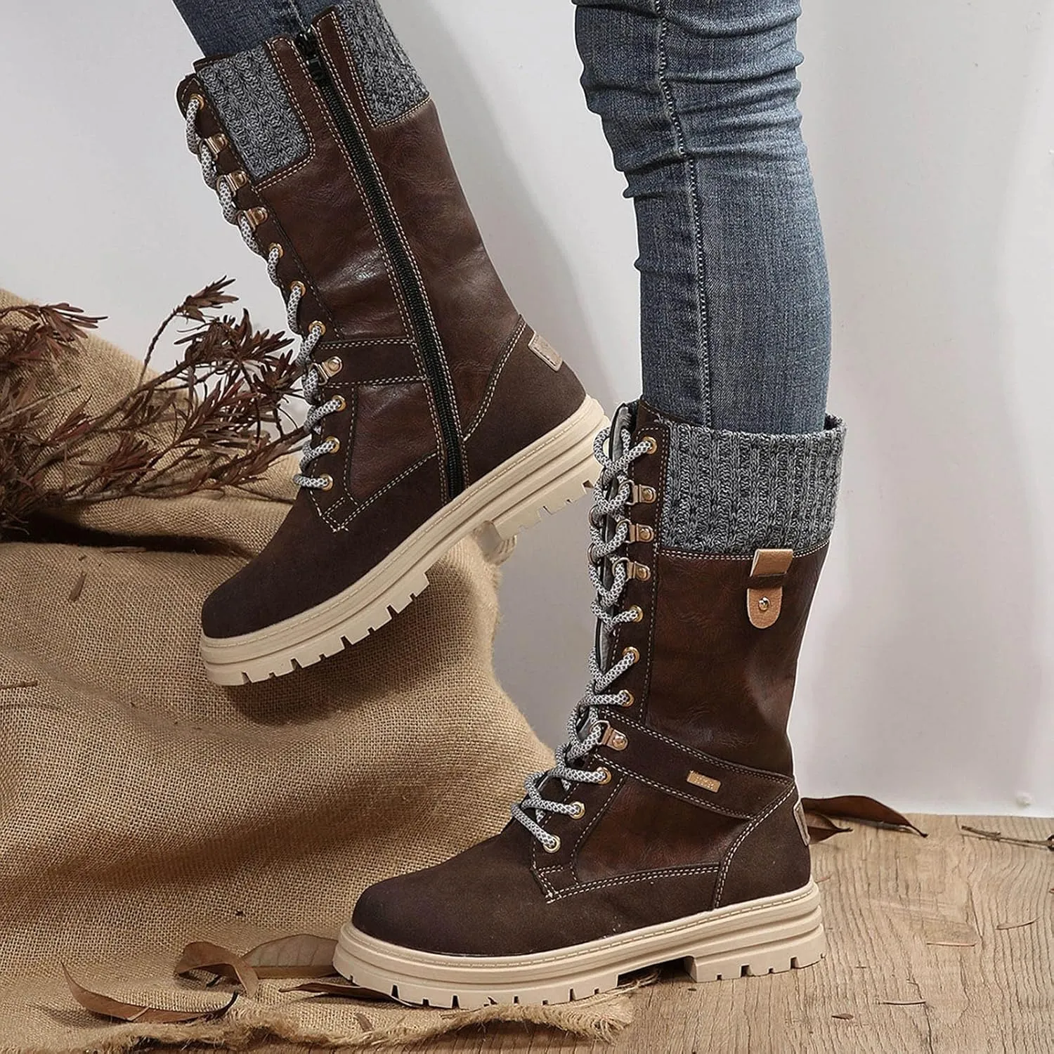 Autumn and Winter New Boots Fashion Style Lace Up Middle Sleeve Wool Mouth Thick Heel Women's Boots Boot Spats Men
