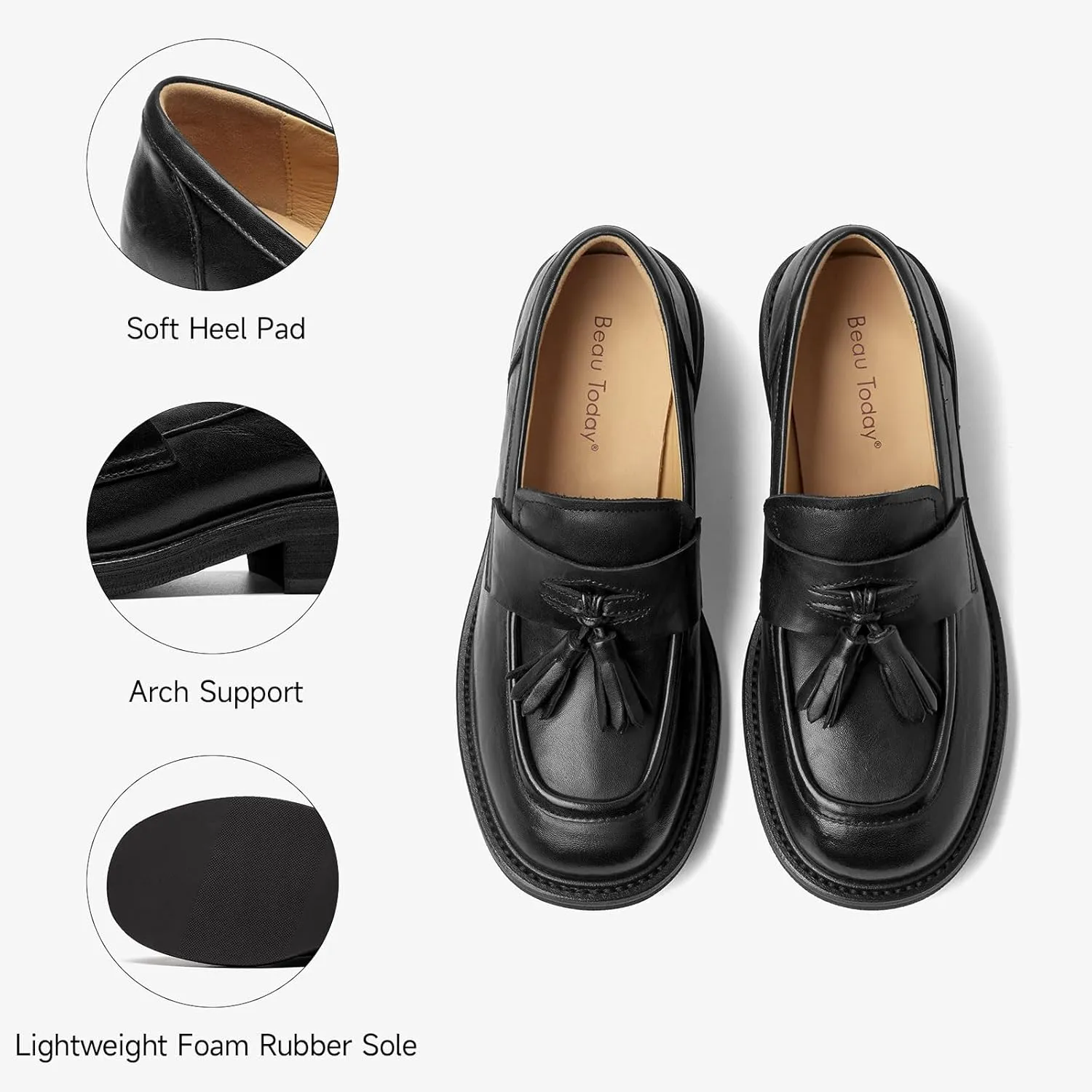 BEAU TODAY Penny Loafers for Women, Womens Slip On Leather Loafers, Chunky Tassel Loafers Square Toe Shoes, Comfortable Dressy Business Casual Non-Slip Office Ladies Shoes