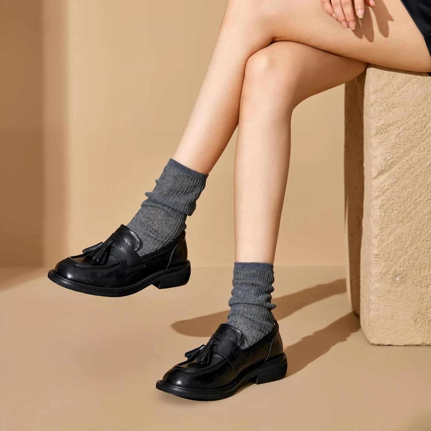 BEAU TODAY Penny Loafers for Women, Womens Slip On Leather Loafers, Chunky Tassel Loafers Square Toe Shoes, Comfortable Dressy Business Casual Non-Slip Office Ladies Shoes