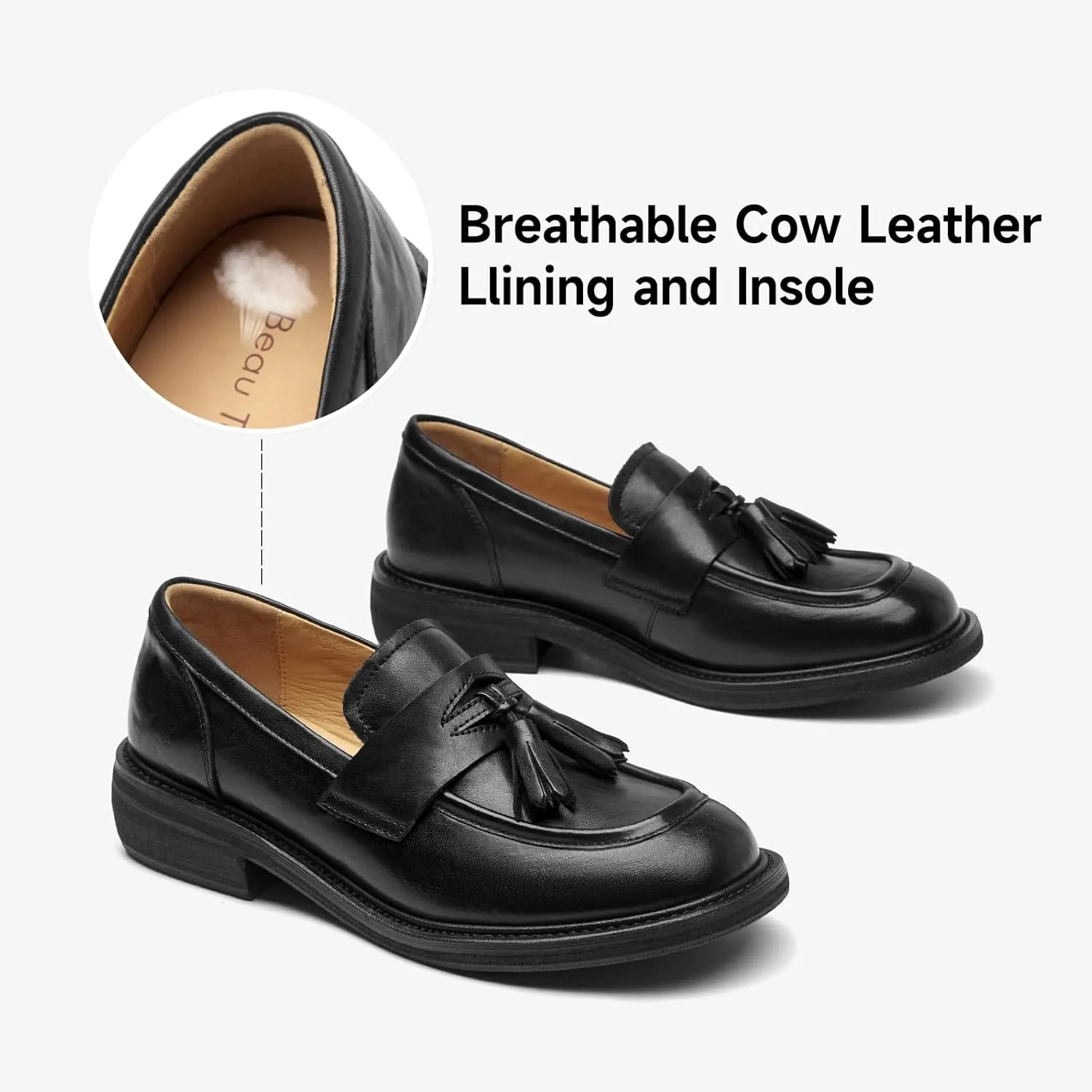 BEAU TODAY Penny Loafers for Women, Womens Slip On Leather Loafers, Chunky Tassel Loafers Square Toe Shoes, Comfortable Dressy Business Casual Non-Slip Office Ladies Shoes