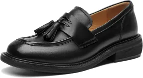 BEAU TODAY Penny Loafers for Women, Womens Slip On Leather Loafers, Chunky Tassel Loafers Square Toe Shoes, Comfortable Dressy Business Casual Non-Slip Office Ladies Shoes