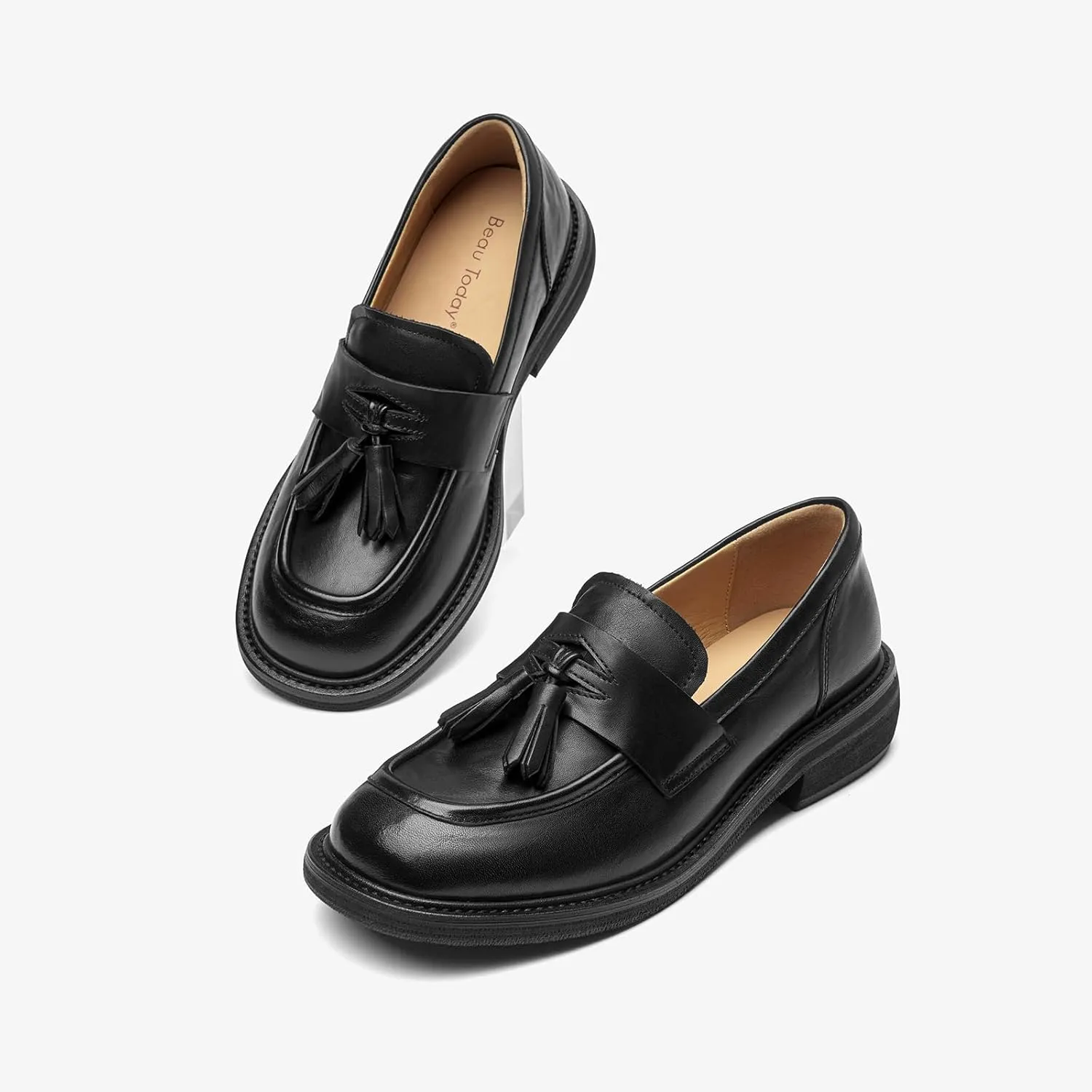 BEAU TODAY Penny Loafers for Women, Womens Slip On Leather Loafers, Chunky Tassel Loafers Square Toe Shoes, Comfortable Dressy Business Casual Non-Slip Office Ladies Shoes