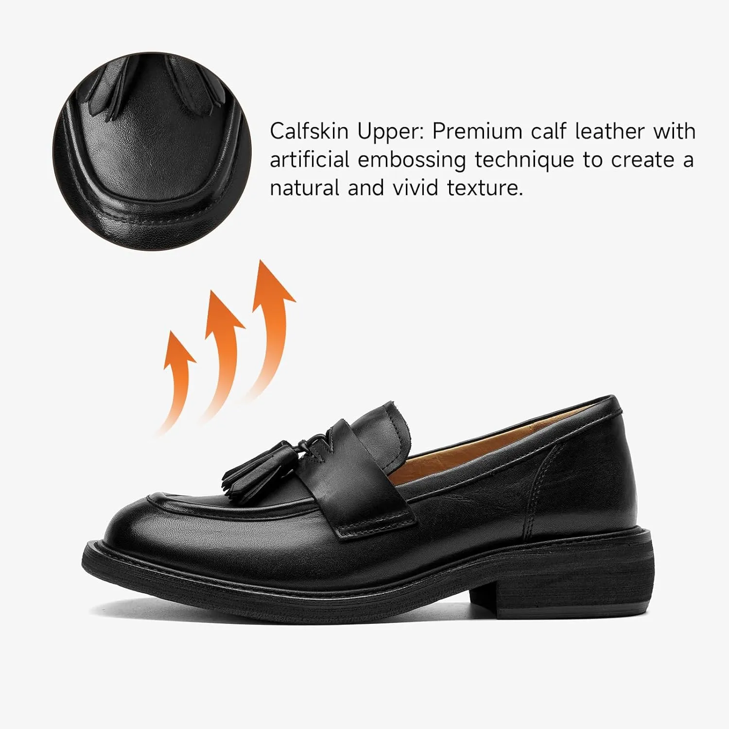 BEAU TODAY Penny Loafers for Women, Womens Slip On Leather Loafers, Chunky Tassel Loafers Square Toe Shoes, Comfortable Dressy Business Casual Non-Slip Office Ladies Shoes
