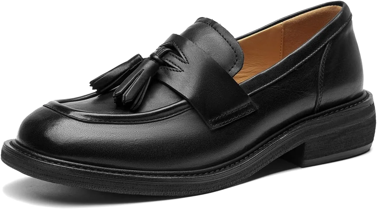 BEAU TODAY Penny Loafers for Women, Womens Slip On Leather Loafers, Chunky Tassel Loafers Square Toe Shoes, Comfortable Dressy Business Casual Non-Slip Office Ladies Shoes