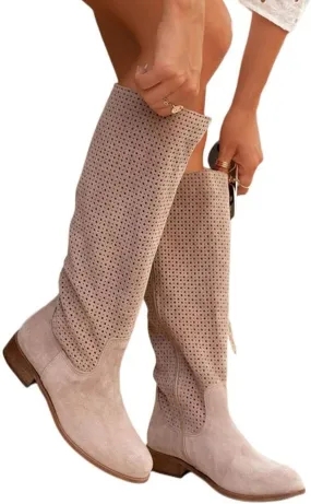 Boots For Women Hollow Out Suede Flats Thigh High Boots Pull On Knee High Boots Mid Calf Fall Boots