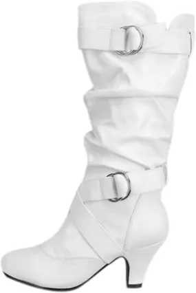 Boots For Women Pleated 2 Buckle Belt Knee High Boots Low Block Heel Thigh High Boots Tall Long Bootie
