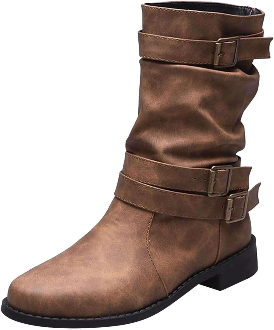 Cathalem Women's Mid Calf Boot Round Toe Low Heel Comfort Bootie with Side Zipper Buckle Strap Motorcycle Riding Boots