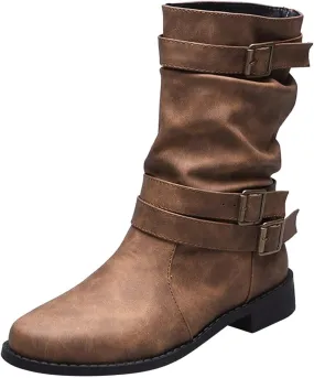 Cathalem Women's Mid Calf Boot Round Toe Low Heel Comfort Bootie with Side Zipper Buckle Strap Motorcycle Riding Boots