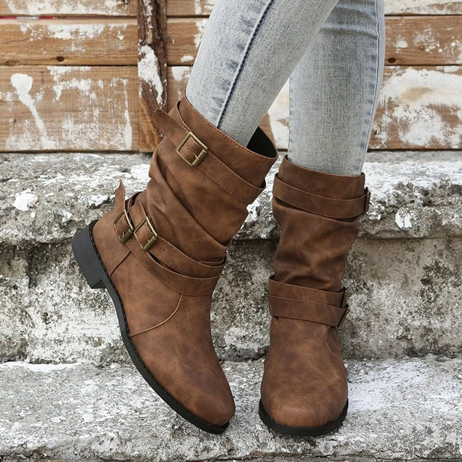 Cathalem Women's Mid Calf Boot Round Toe Low Heel Comfort Bootie with Side Zipper Buckle Strap Motorcycle Riding Boots