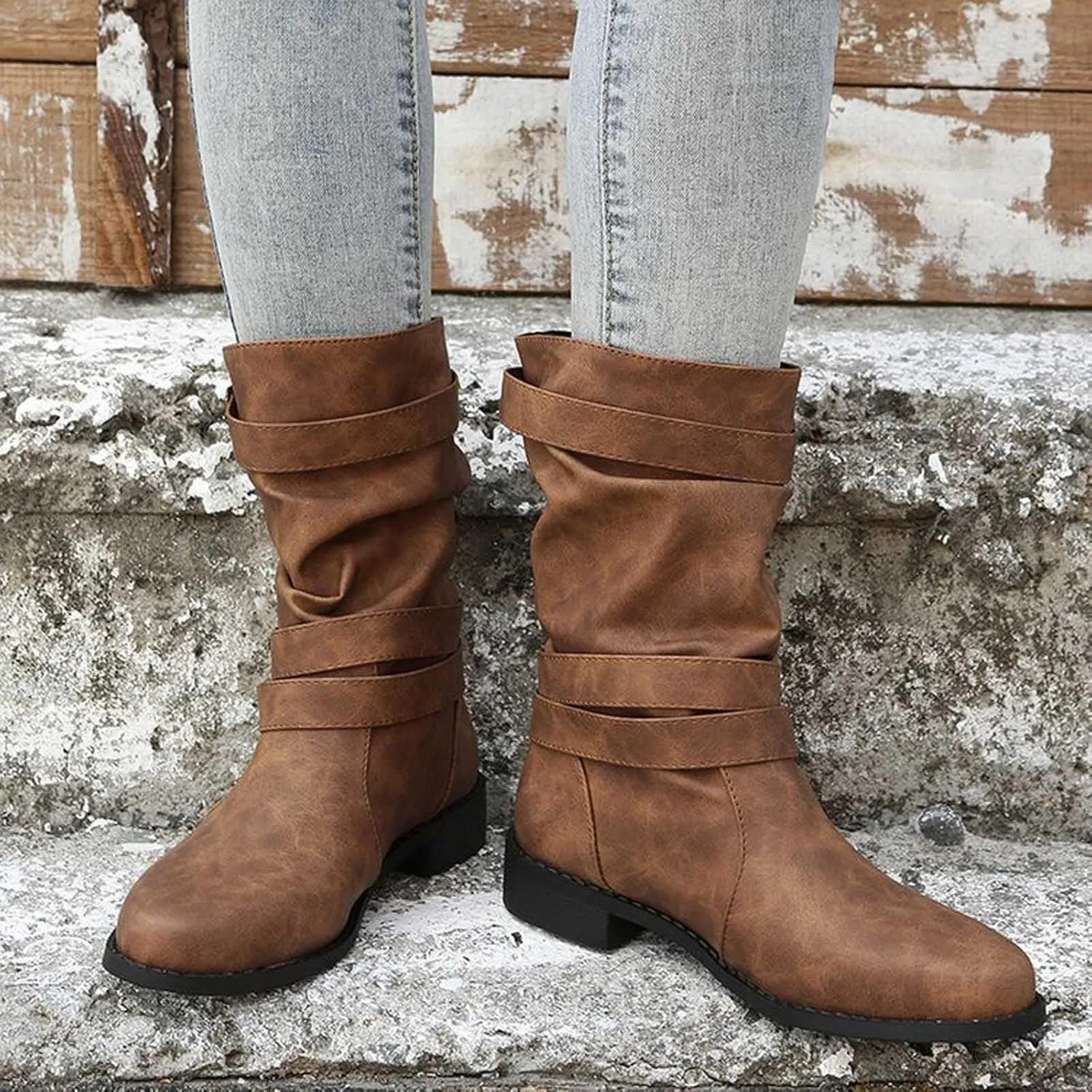 Cathalem Women's Mid Calf Boot Round Toe Low Heel Comfort Bootie with Side Zipper Buckle Strap Motorcycle Riding Boots