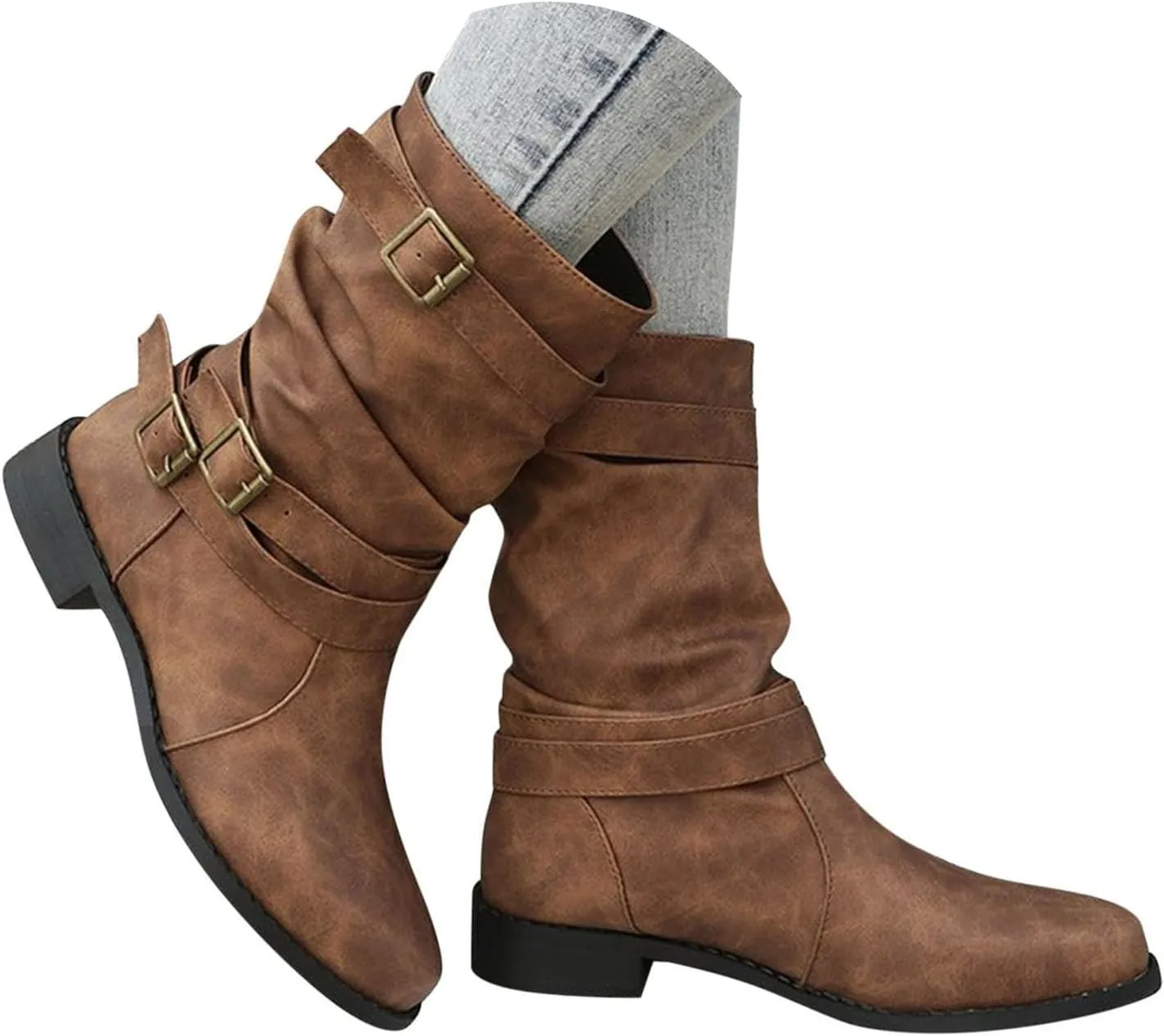 Cathalem Women's Mid Calf Boot Round Toe Low Heel Comfort Bootie with Side Zipper Buckle Strap Motorcycle Riding Boots