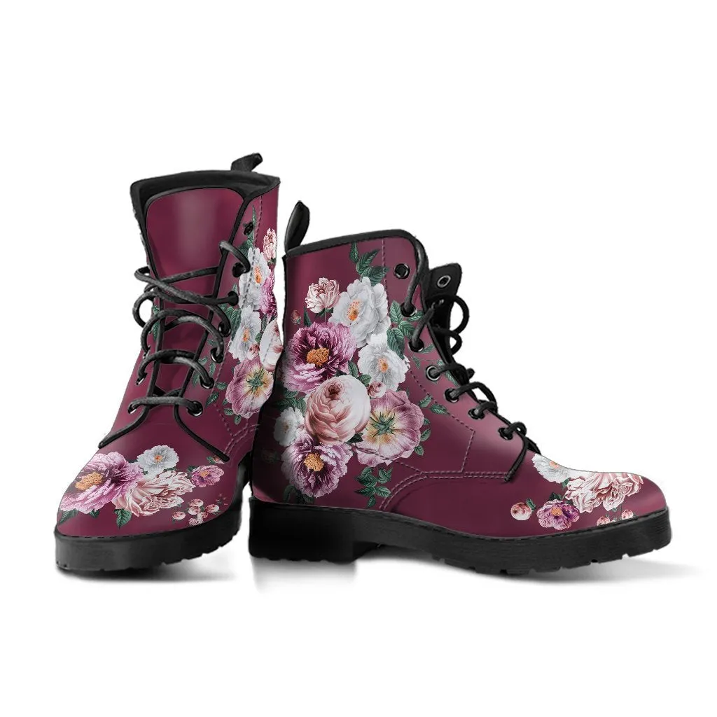Combat Boots - Pink & White Flowers (Mauve) | Custom Shoes, Vegan Leather Lace Up Boots Women, Handmade Lace Up Boots, Women's Boots