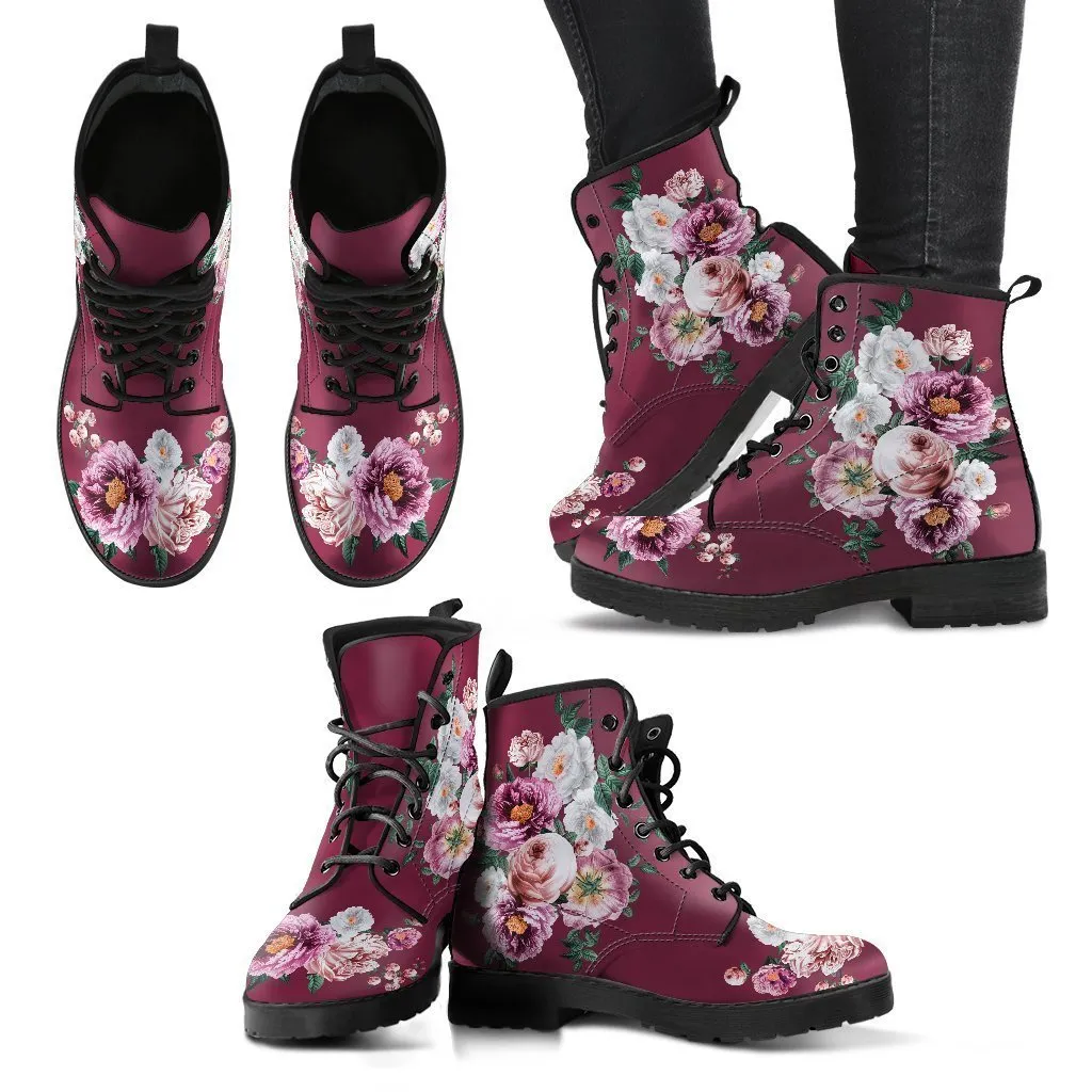 Combat Boots - Pink & White Flowers (Mauve) | Custom Shoes, Vegan Leather Lace Up Boots Women, Handmade Lace Up Boots, Women's Boots