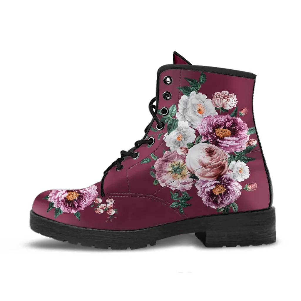 Combat Boots - Pink & White Flowers (Mauve) | Custom Shoes, Vegan Leather Lace Up Boots Women, Handmade Lace Up Boots, Women's Boots