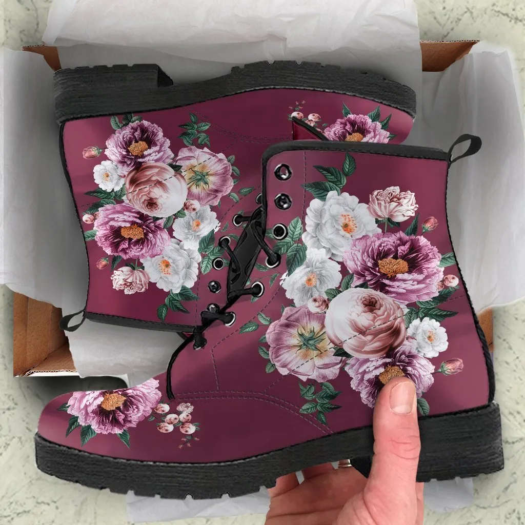 Combat Boots - Pink & White Flowers (Mauve) | Custom Shoes, Vegan Leather Lace Up Boots Women, Handmade Lace Up Boots, Women's Boots
