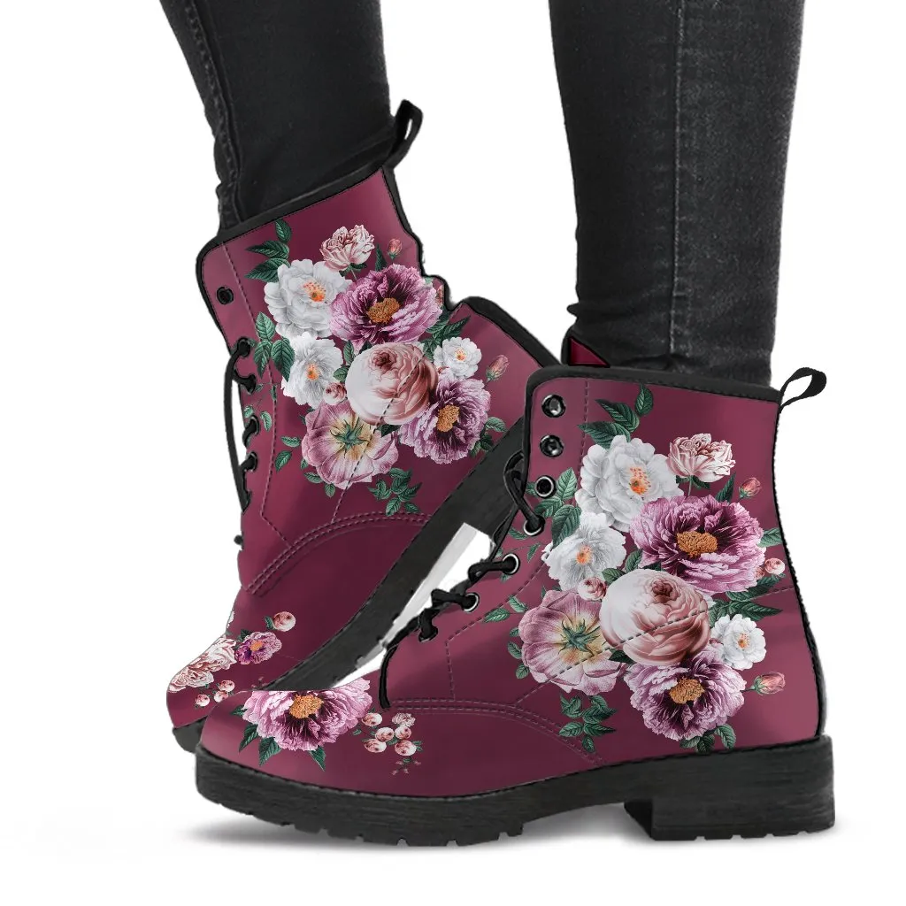 Combat Boots - Pink & White Flowers (Mauve) | Custom Shoes, Vegan Leather Lace Up Boots Women, Handmade Lace Up Boots, Women's Boots