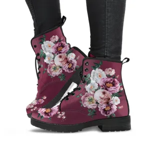 Combat Boots - Pink & White Flowers (Mauve) | Custom Shoes, Vegan Leather Lace Up Boots Women, Handmade Lace Up Boots, Women's Boots