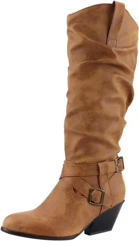 Combat Boots Womens Retro Low Chunky Heels Pleated Thigh High Boots Pull On Knee High Boots Long Bootie