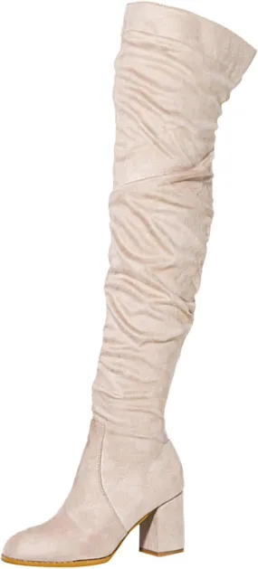 Combat Boots Womens Square Heel Over Knee Boots Suede Zipper Thigh High Boots Chunky Heeled Tall Long Boots