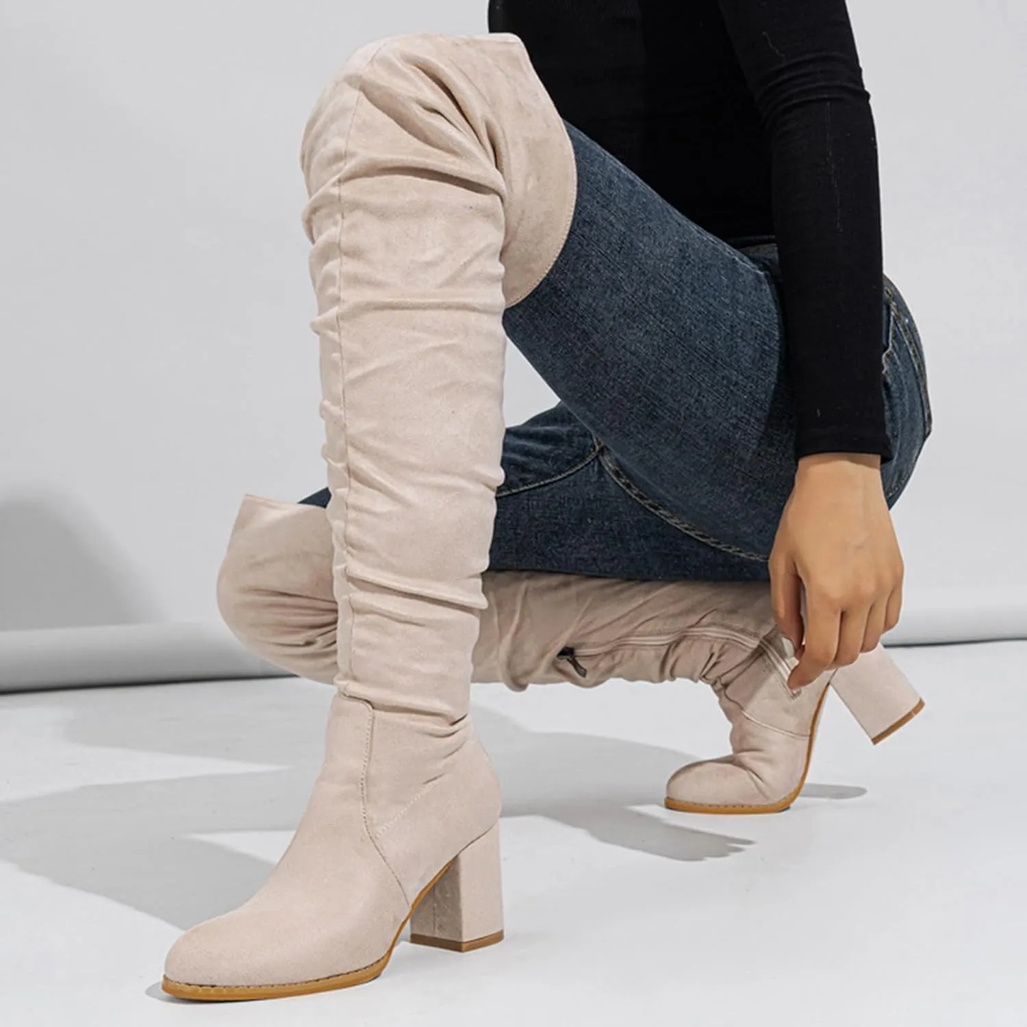 Combat Boots Womens Square Heel Over Knee Boots Suede Zipper Thigh High Boots Chunky Heeled Tall Long Boots