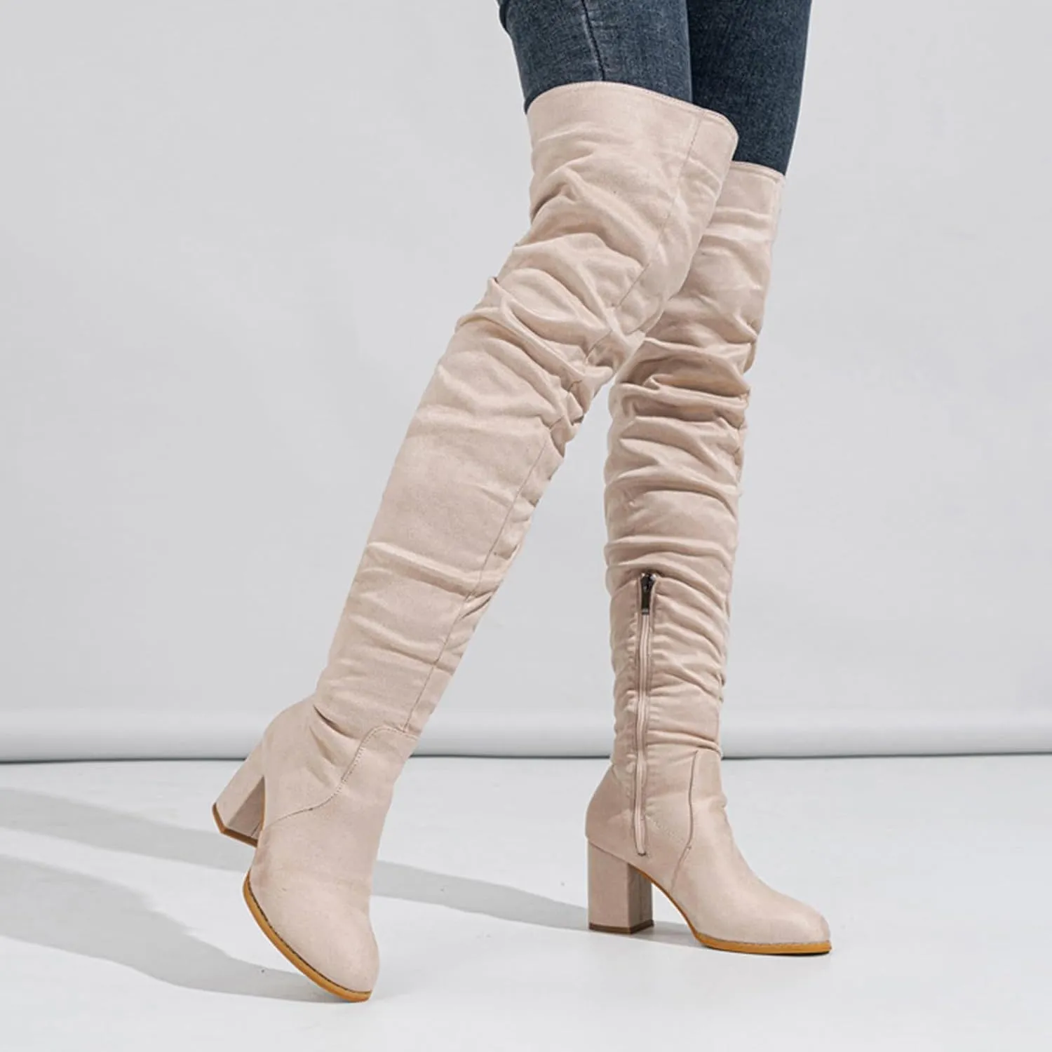 Combat Boots Womens Square Heel Over Knee Boots Suede Zipper Thigh High Boots Chunky Heeled Tall Long Boots