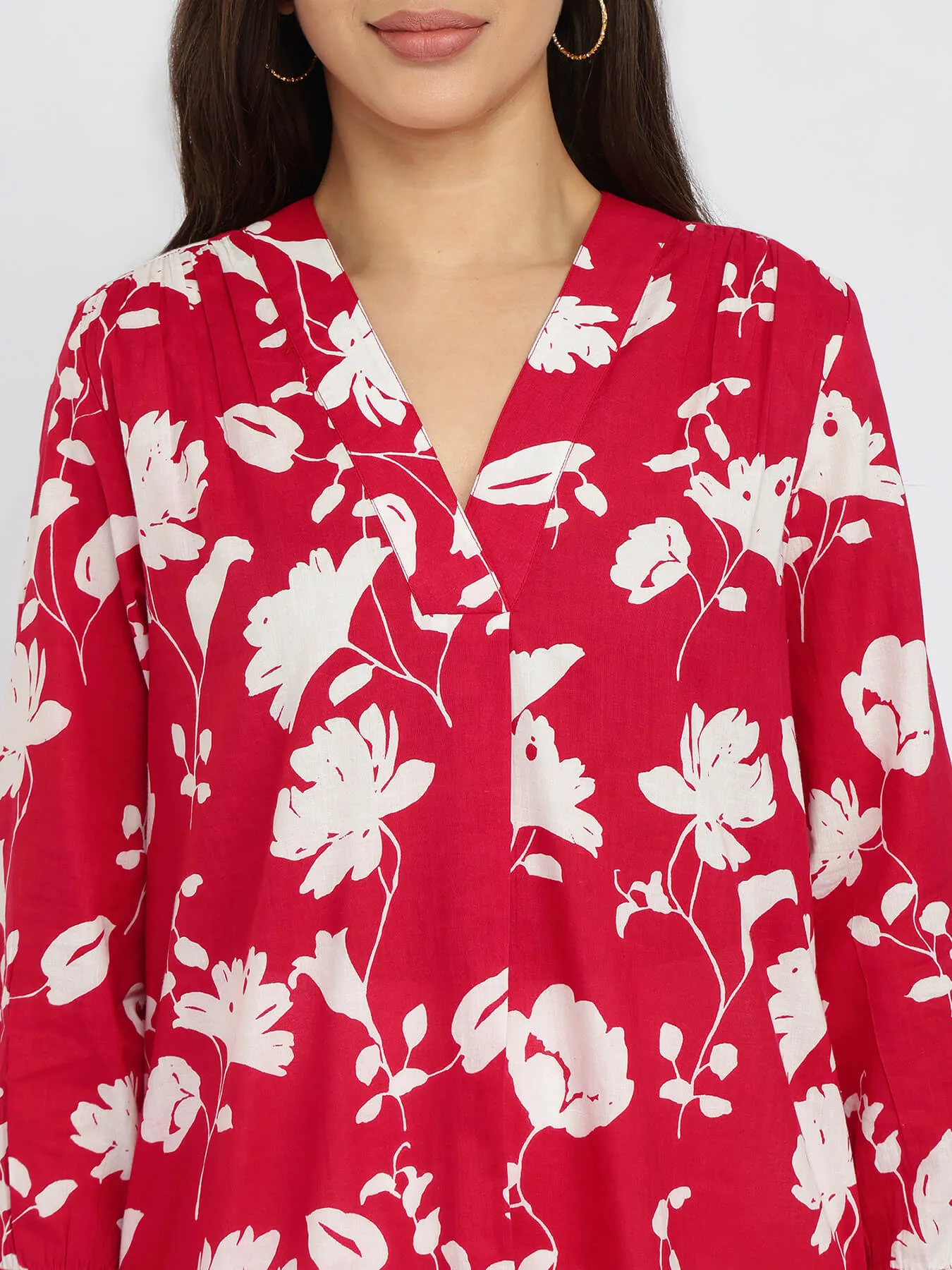 Cotton Floral Pleated V-Neck Tunic - Red & White