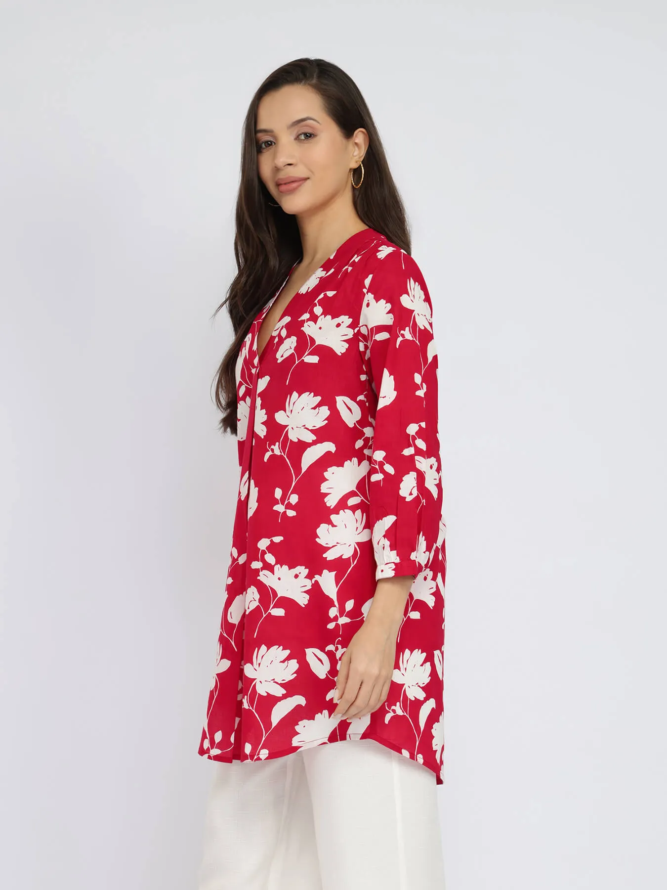 Cotton Floral Pleated V-Neck Tunic - Red & White