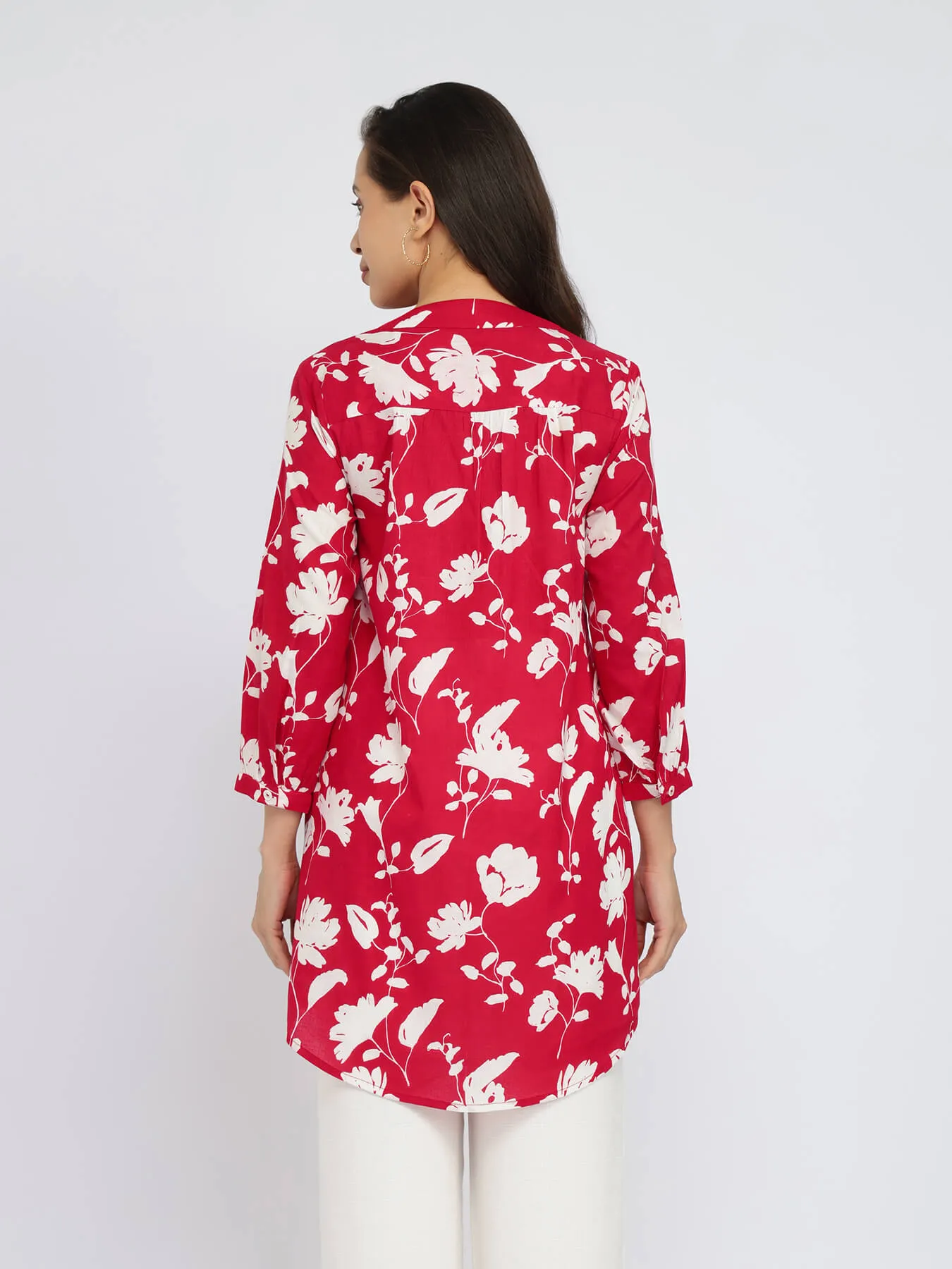 Cotton Floral Pleated V-Neck Tunic - Red & White
