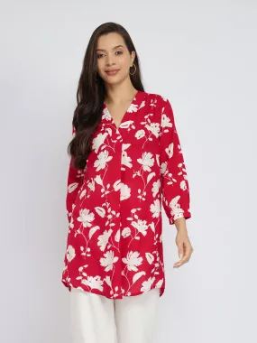 Cotton Floral Pleated V-Neck Tunic - Red & White