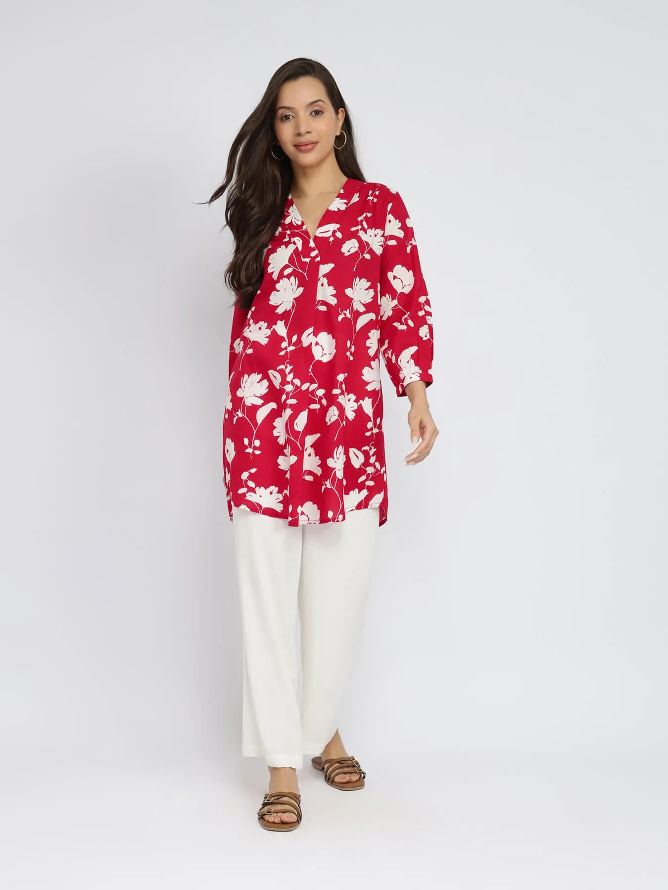 Cotton Floral Pleated V-Neck Tunic - Red & White
