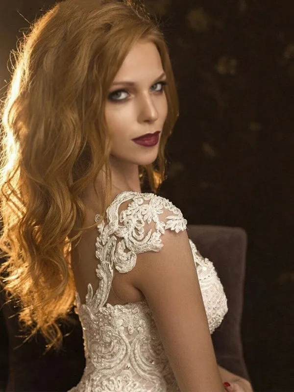 Elegant Cap Sleeve Lace Top Sweetheart A-line Long Wedding Dress, WD3051