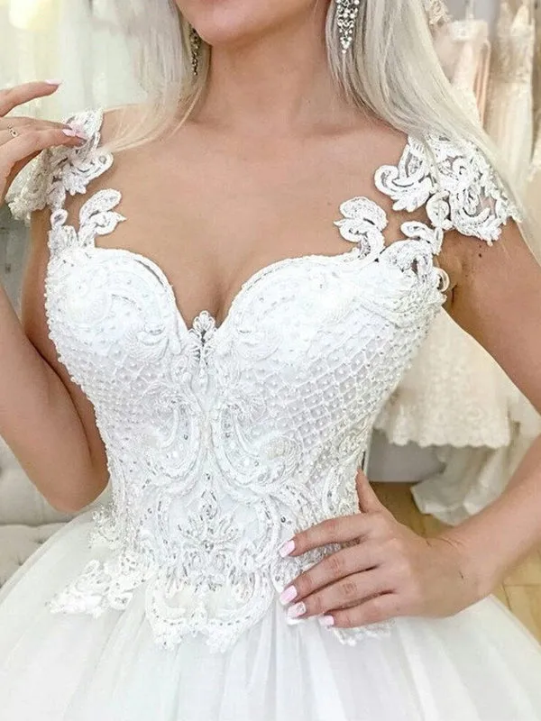 Elegant Cap Sleeve Lace Top Sweetheart A-line Long Wedding Dress, WD3051