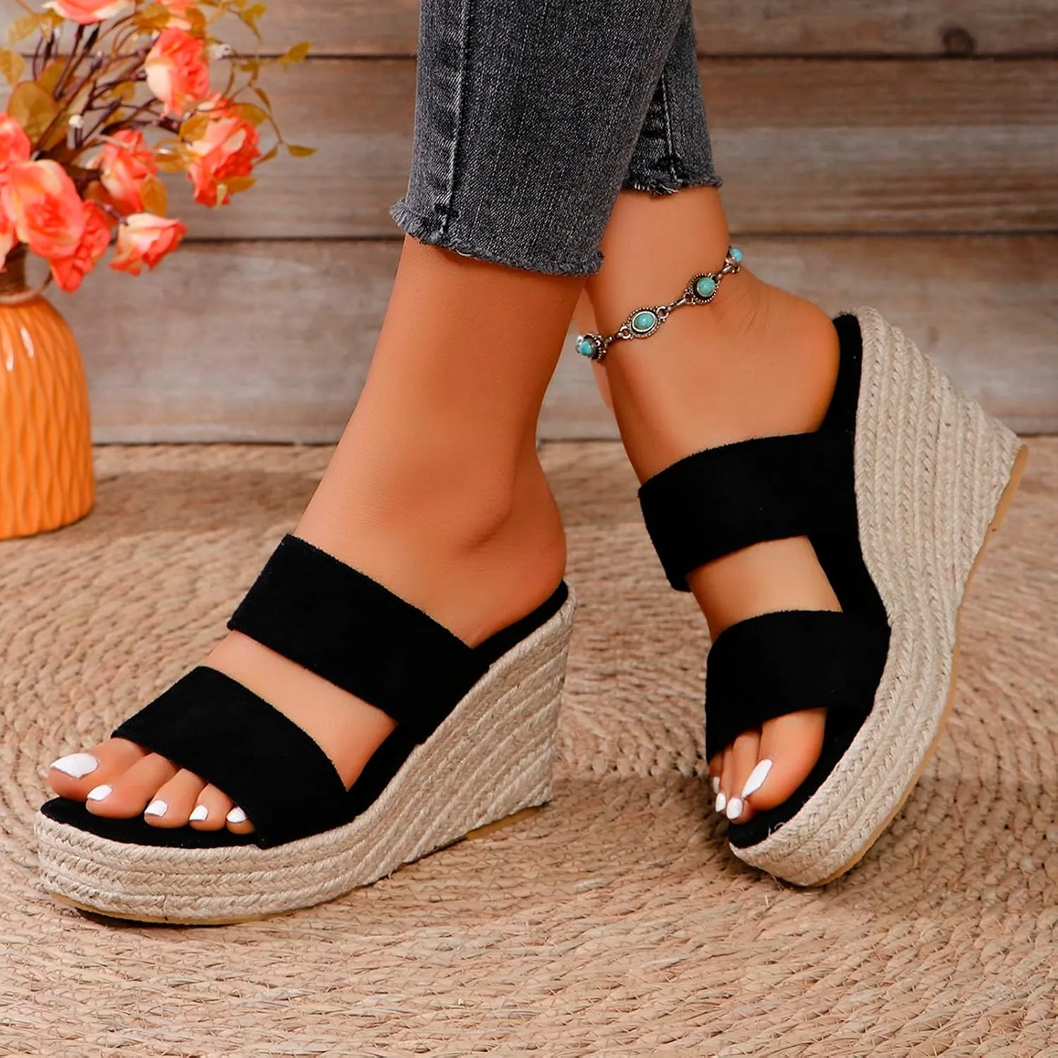 Espadrilles Platform Slides for Women Casual Summer Slide Platform Sandals, Slip On Wedge Sandals Open Toe Espadrilles Slides Dressy High Heel Beach Sandal Comfortable Wedges Shoe Mules, 9.5