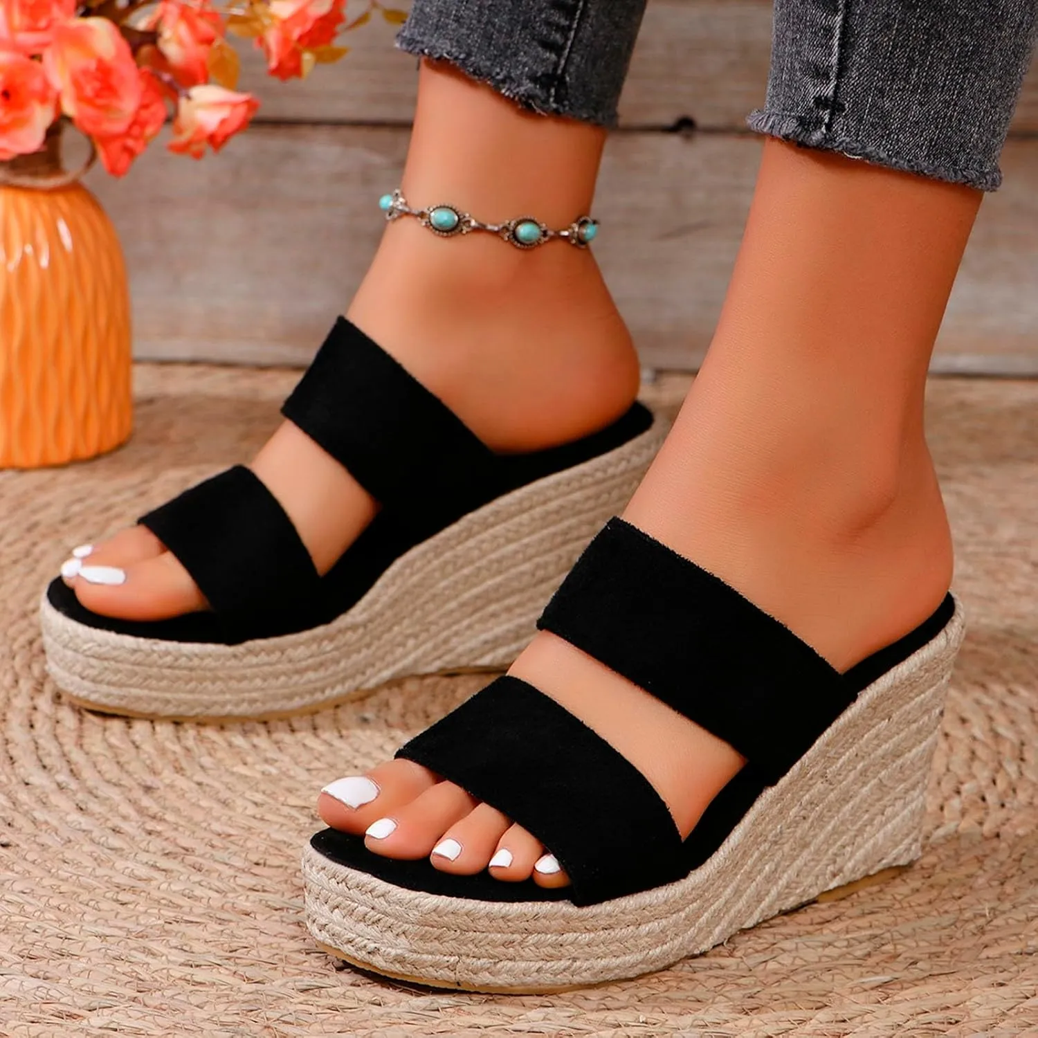 Espadrilles Platform Slides for Women Casual Summer Slide Platform Sandals, Slip On Wedge Sandals Open Toe Espadrilles Slides Dressy High Heel Beach Sandal Comfortable Wedges Shoe Mules, 9.5