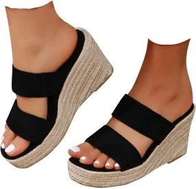 Espadrilles Platform Slides for Women Casual Summer Slide Platform Sandals, Slip On Wedge Sandals Open Toe Espadrilles Slides Dressy High Heel Beach Sandal Comfortable Wedges Shoe Mules, 9.5