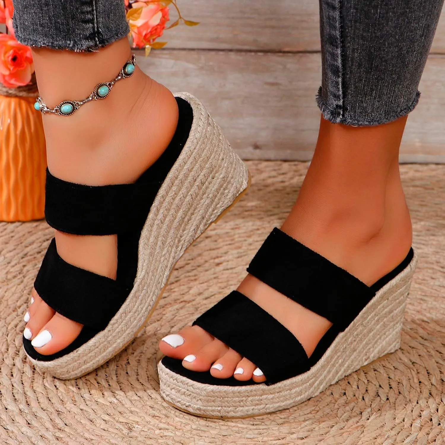 Espadrilles Platform Slides for Women Casual Summer Slide Platform Sandals, Slip On Wedge Sandals Open Toe Espadrilles Slides Dressy High Heel Beach Sandal Comfortable Wedges Shoe Mules, 9.5