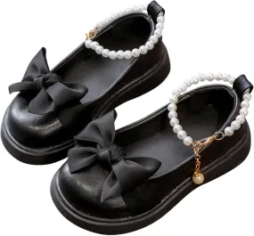 Girls Flat Shoes Princess Bowknot Dress Up Shoes Kids Thick Soft Sole Leather Heel Wedding Shoes with Pearl Buckle