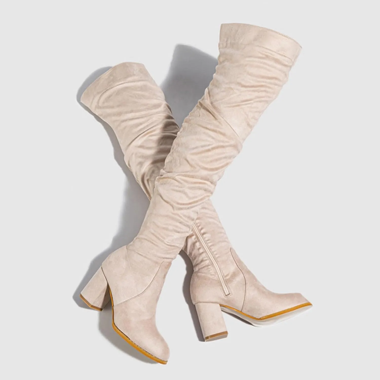 Hiking Boots Women Square Heel Over Knee Boots Suede Zipper Thigh High Boots Chunky Heeled Tall Long Boots