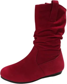 Hiking Boots Women Suede Flats Mid Calf Boots Pleated Thigh High Boots Pull On Winter Winter Warm Bootie